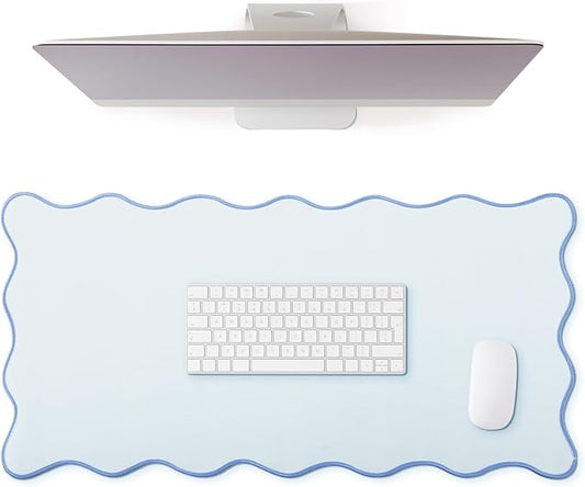 Hahafelt Scalloped Desk Mat Large Desk Pad Cute Coquette Table Mat Back to School Preppy Table Make up Pad Nonslip Graduation Gift with Stitching Waterproof Gaming(Blue,23.6 x 13.8 Inches)