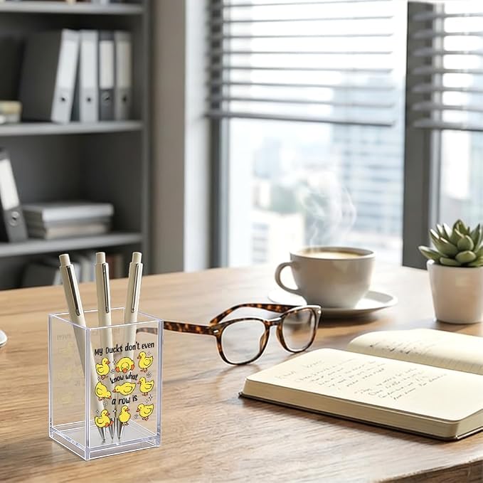 My Ducks Don't Even Know What A Row Is Acrylic Organizer Pencil Pen Holder, Cute Duck Makeup Brush Storage Organizer, Sarcastic Desk Accessories Holder Gifts for Coworker Work Bestie Friend