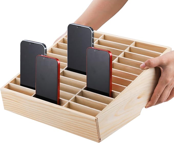 Lawei 36-Grid Wooden Cell Phone Holder, Mobile Phones and Calculator Management Storage Box, Multifunctional Desktop Organizer Storage Box for Classroom, Office, Meeting Room, Phone Rack Display