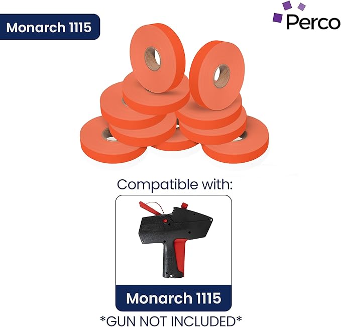Perco Fluorescent Red Pricing Labels for Monarch 1115 Price Gun, 10 Rolls - 15,000 Price Marking Labels - with Bonus Ink Roll