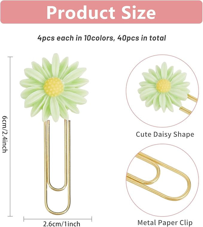 CHGCRAFT 40pcs Daisy Flower Paper Clips Bookmark Creative Elegant Resin Paperclips Note Clips Book Markers for Office, School, Home and Wedding Party Use