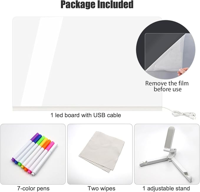 LED Note Board with Colors, Acrylic Dry Erase Board with Light and Stand, Glow Memo Letter Board Note Glass Led White Board with 7 Pen for Office School Home