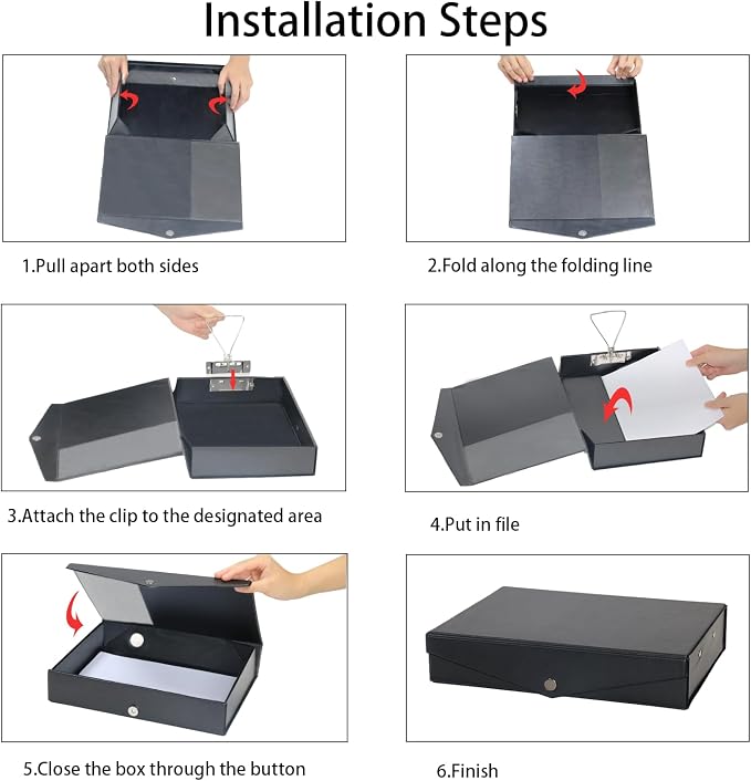 6 Pack Foldable Plastic Box Files A4 with Metal Clip,65mm Spine,Document Archive Folders for Office（Black）