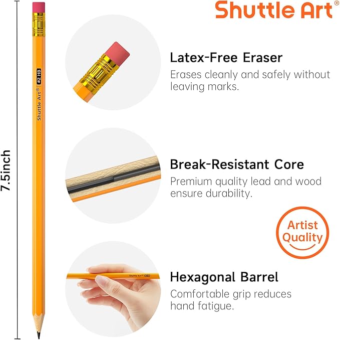 Shuttle Art Wood-Cased #2 HB Pencils, 180 Pack Sharpened Yellow Pencil with Erasers, Bulk Pack Graphite Pencils for School and Teacher Supplies, Writing, Drawing and Sketching
