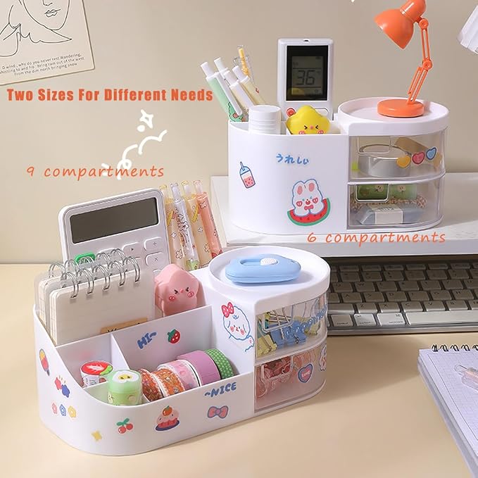 Kawaii Stationery Storage Box Makeup Organizer with 2 Drawers, Kawaii Pen Organizer with Stickers DIY Fun, Desk Organizers and Accessories with 5 Compartments for Teen Girls Office Art Supplie