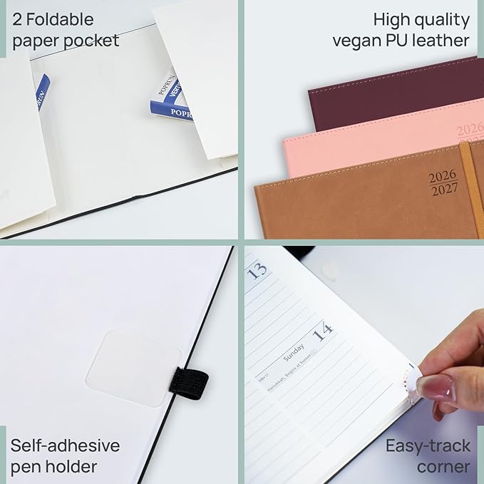 POPRUN 2026 Weekly Planner (Medium 7'' x 8.5''), 30-Minute Hourly Appointment Book (July 2026-June 2027) with Monthly Tabs, Inner-pocket, Pen Holder, PU Leather Softcover - Burgundy