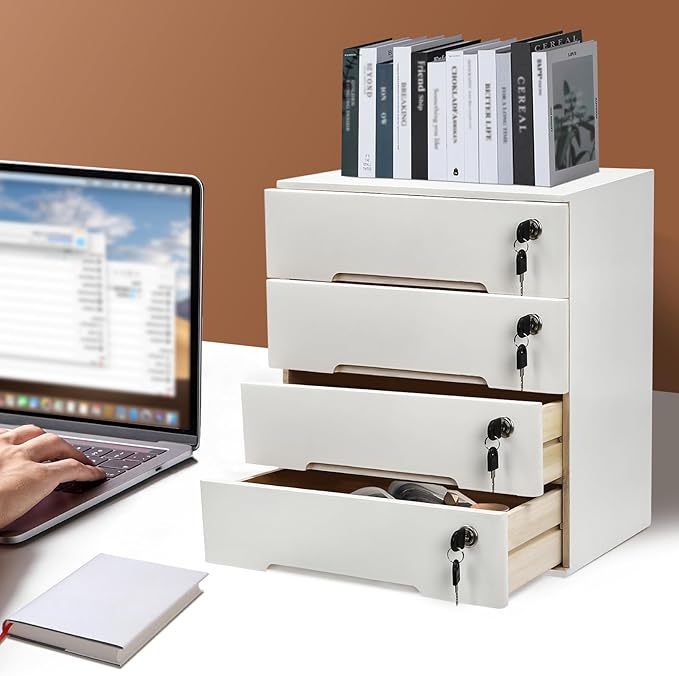 4-Tiers Wooden Desktop Storage Box with Lockable Drawers, Office Supplies File Organizer, Flat File Cabinet Store Stamps, Sticky Notes, Paper Clips, Scissors, for Office, Study, White