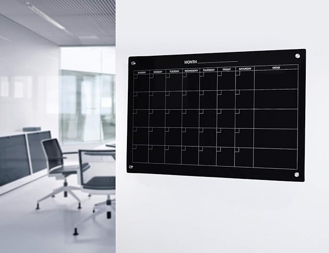 Audio-Visual Direct Magnetic Black Calendar Glass Dry-Erase Board Set - 4' x 3' - for Wall - Monthly Planner