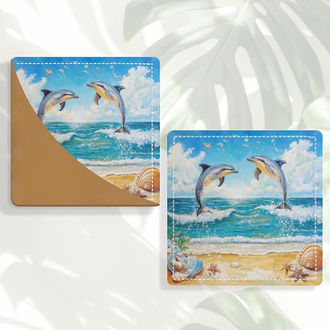 2PCS PU Leather Bookmarks 3.5x3.5 Inch Dolphin Ocean Design | PU leather bookmarks with dolphin ocean design for novels, journals, planners, students, teachers and book lovers.
