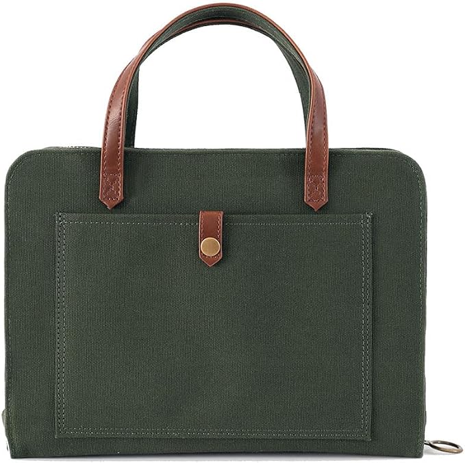 Bible Cover for Women Canvas Case with Leather Handles, Purse Style Bible Bag with Zippered Closure and Snap Pocket (Green/Cream, Medium and Large Bibles)