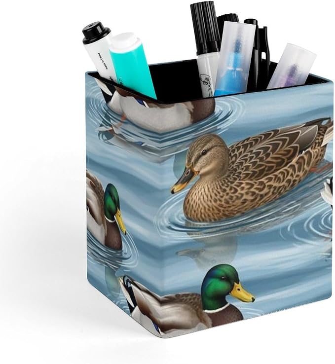 Pen Holder Square Leather Pencil, Holder Cup Makeup Brush Storage Organizer, Waterproof Multifunctional Office Supplies Blue Animals Mallard Ducks Wild Birds