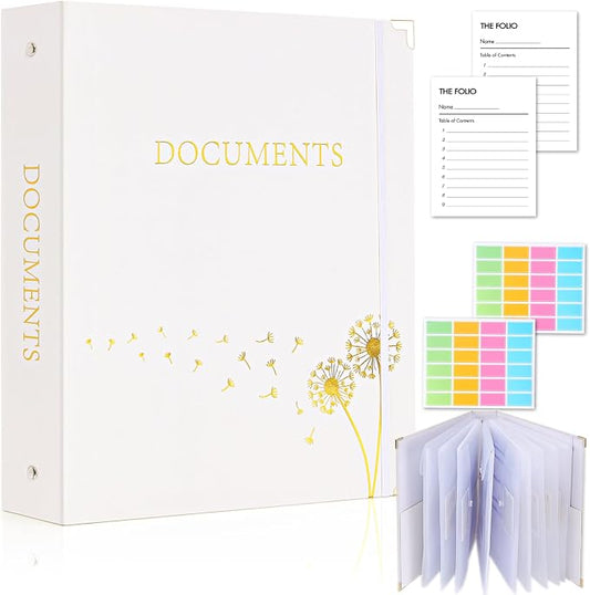 XKDOUS Important Document Organizer, Folio Folders with 9 Pockets, 3-Ring Binder Gold-Foiled Hardcover File Storage Organization Expanding File for 8.5x11 Papers, A4 Documents