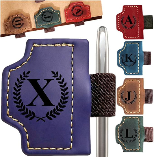 Custom Bookmark with Pen Holder with 26 Letters Personalized Magnetic Leather Book Mark, Customized Name Book Marker Clip with Initial for Men Women, Gifts for Book Lovers, Readers, (Purple, X)