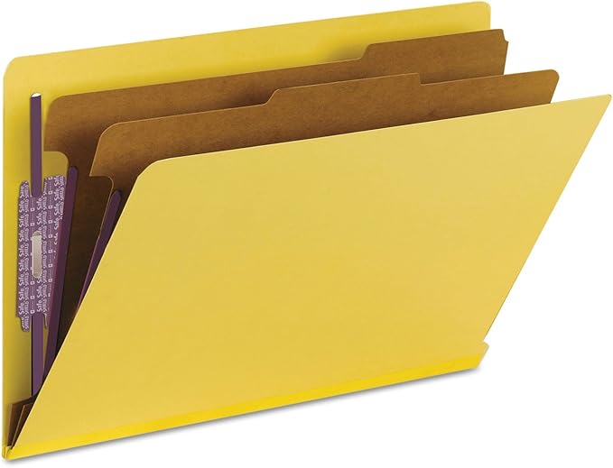 Smead 100% Recycled End Tab Pressboard Classification File Folder with SafeSHIELD Fasteners, 2 Dividers, 2" Expansion, Legal Size, Yellow, 10 per Box (29789)