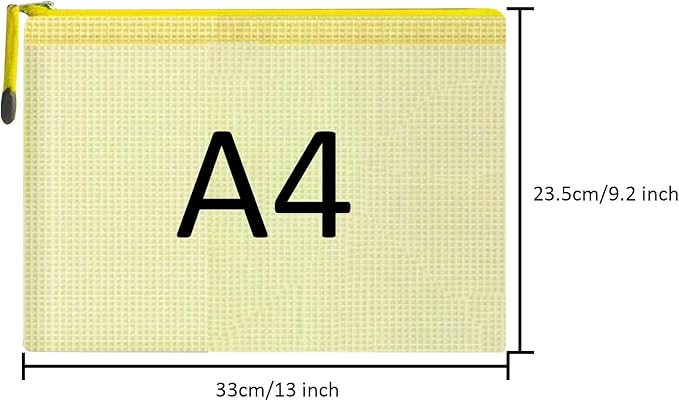 Mesh Document Bag Set of 10, Waterproof Zipper Pouch / A4 Size Zip File, for Household Daily Storage School Office M-D-2B (Yellow, A4 (13.5×9.5 Inch))