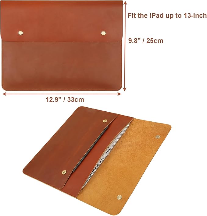 Leather Tablet Sleeve - 12.9 Inch iPad Sleeve, Document Holder Folio File Holder, Genuine Leather Laptop Sleeve Case for Protection and Style-Brown-Custom