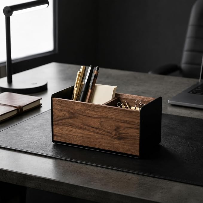 Walnut Desk Organizer with 2 Compartments, Modern Multi-Purpose Storage Box for Office Supplies, Makeup Brushes, Remote Controls & Desk Accessories(2 Slot)