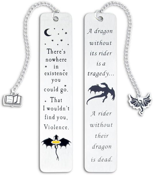 Dragon Metal Bookmarks – Set of 2 Engraved Fantasy Bookmark with Charms, Cool Bookmarks for Women and Men, Bookish Quotes Gifts for Readers, Magical Academy Book Accessories (Style 2)