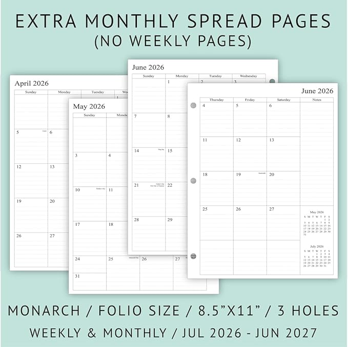 newestor 2026-2027 Weekly Planner Refills for 3-Ring Binder with Monthly Tabs, Jul 2026 - Jun 2027, 8-1/2" x 11", Folio Size 5 / Monarch