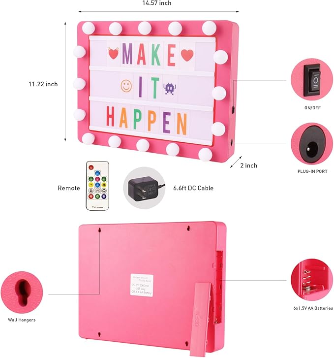 Cinema Light Box with 290 Letters,Icons, Stocking Stuffers Christmas Birthday Gifts Ideas for Teen Girls Women, DIY LED Sign Light Up Marquee Message Board for Home Office Cute Room Desk Decor(Pink)