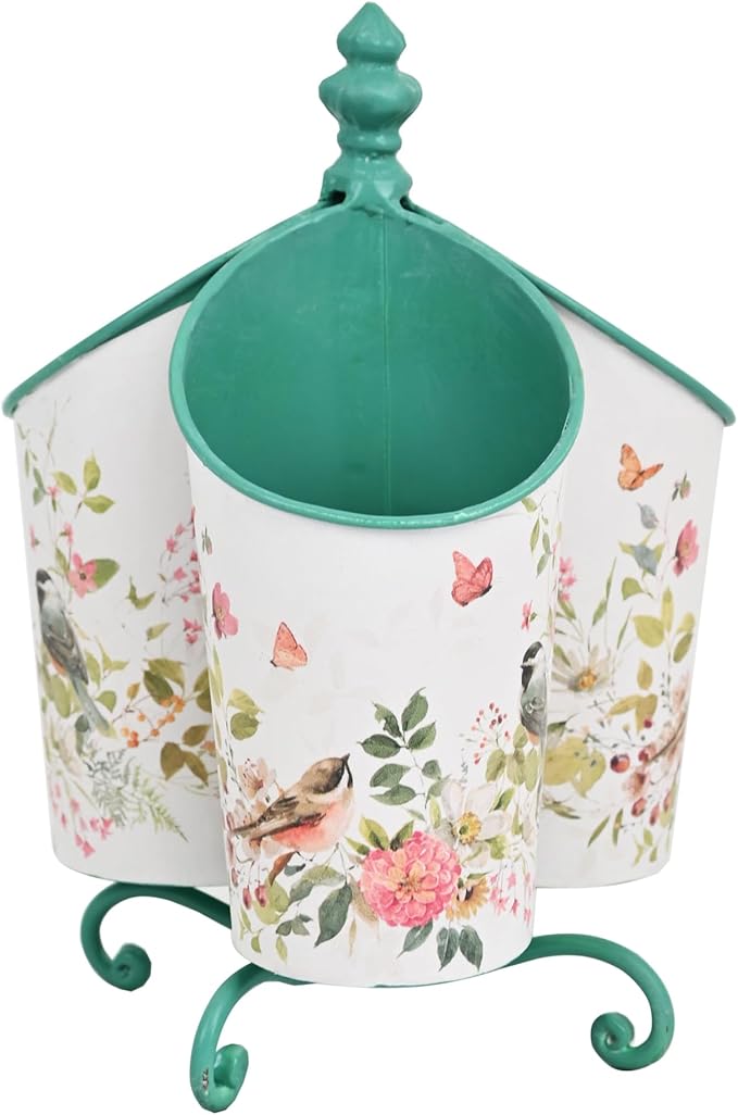360° Rotating Metal Pen Holder for Desk, Cute Floral Bird Desktop Organizer with Dome Roof, Pencil Cup & Remote Control Holder for Home Office (Green)