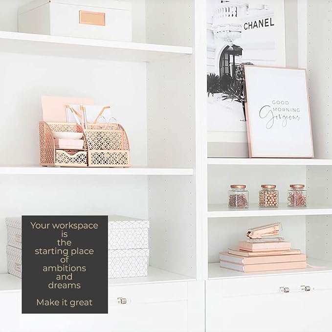 BLU MONACO Rose Gold Desk Organizer – Designer Metal with Rose Gold Finish, Storage for Paper & Office Supplies