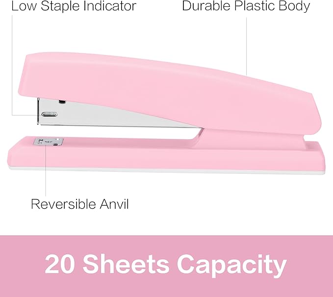 Deli Stapler, Desktop Staplers, Office Stapler, 25 Sheet Capacity, Includes 1000 Staples and Staple Remover, Pink