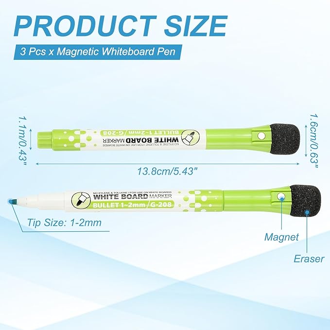 PATIKIL Magnetic Whiteboard Pen, Fine Tip Dry Erase Green White Board Markers with Eraser Whiteboard Calendar Supplies for Classroom Office, 3 Pcs, 1-2mm Tip