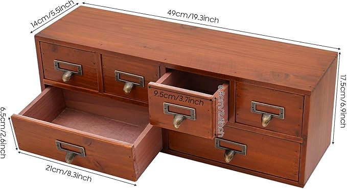 6 Vintage Desktop Storage Cabinet, Vintage Desktop Organizer Wood Desktops Organizers Library Card Catalog Cabinet with Metal Handles & Label Slot for Herb Storage Tea Collection Stationery Jewelry
