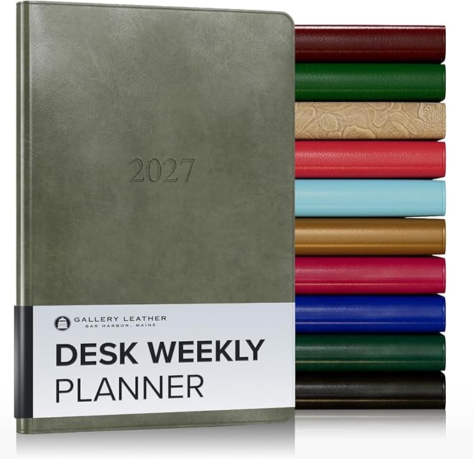 Gallery Leather Desk Weekly Monthly Planner 2027, Elegantly Bound Calendar Planner and Notebook with Stylish Gold-Gilded Page Edges, 12 Months - Acadia Cactus - 8x5.5"