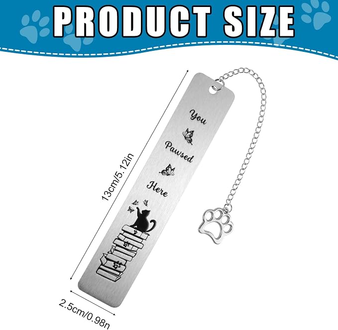 Cat Bookmark, Zinc Alloy Cute Funny Bookmark with Paw-Shaped Charm Pendant for Book & Cat Lovers Gifts Women Men Readers Teens Kids Girls Boys