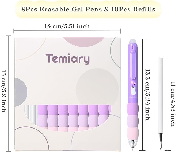 Temiary 18Pcs Aesthetic Retractable Erasable Gel Pens, Make Mistakes Disappear, 8 Pens & 10 Refills, Cartoon Smooth Writing Pen, 0.5 mm Black & Blue Ink Pen, Office School Supplies. (Purple Theme