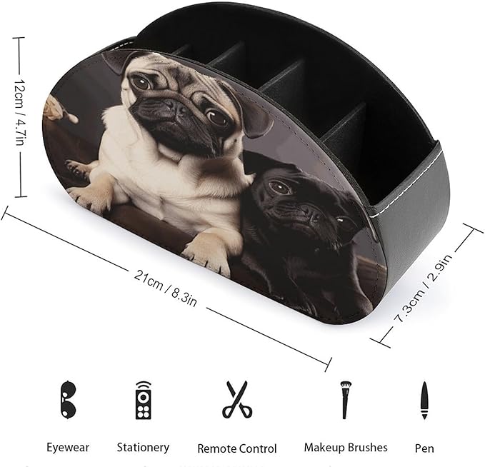 Pug Dogs Remote Control Organizer PU Leather Storage 5 Compartment Controller Holder Multi-functional Brush Organizer Box Office Supplies Caddy for Bedside
