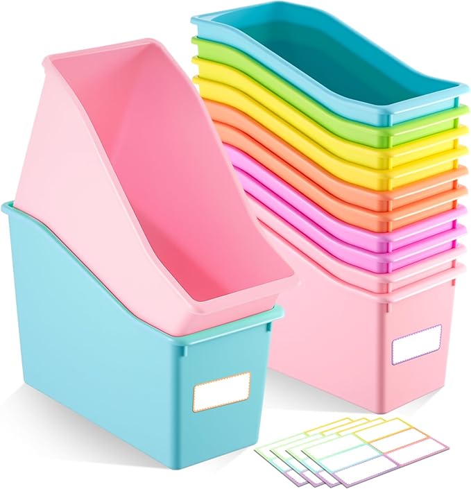 Geetery 12 Pcs Book Bin for Classroom with Labels Stackable Plastic Organizing Bins 11.5 x 5.4 x 7.5 in Book Holders Storage Bins Box Baskets for Classroom Library Home (Pastel Color)