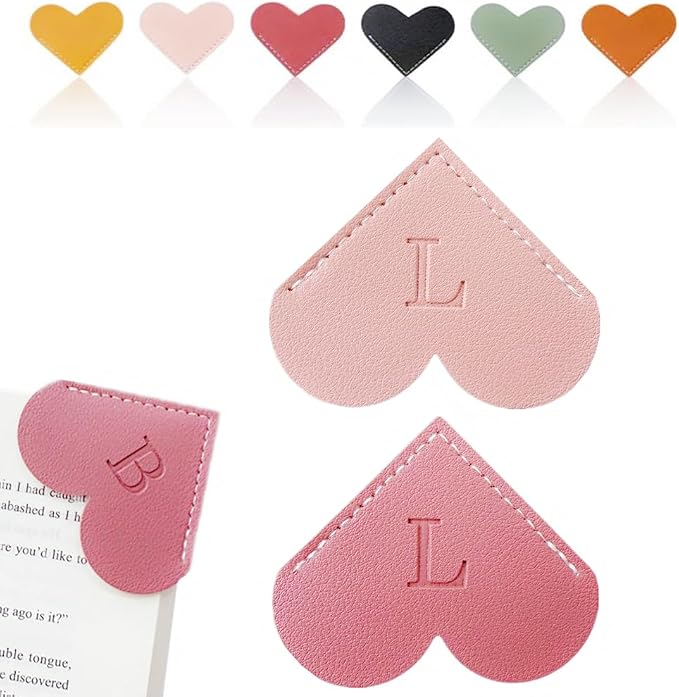 Personalized Leather Heart Bookmark, 26 Letters Customized Corner Book Mark for Reading Women, Book Marker with Initials，Cute Gifts (Light Pink+Deep Pink, L)