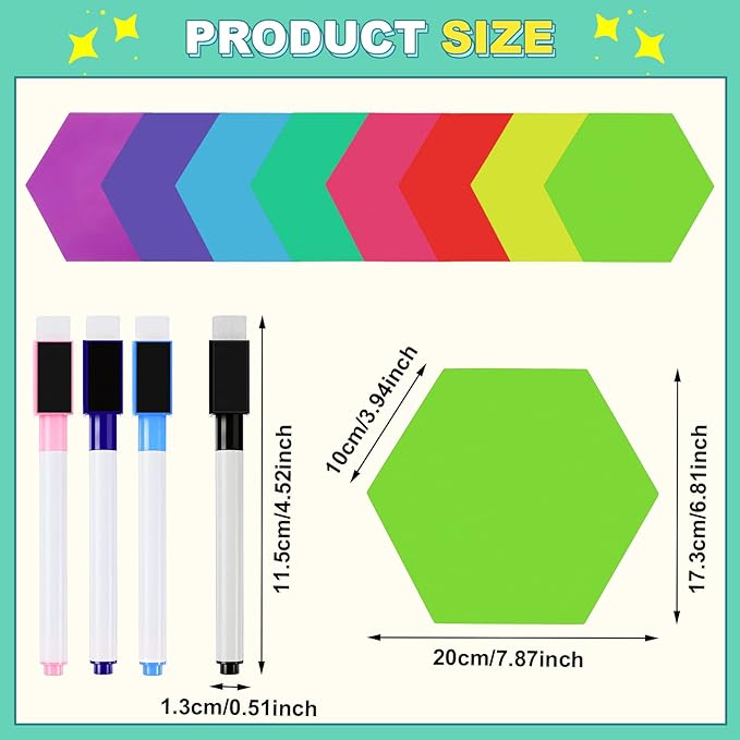 Gueevin 12 Pcs Hexagon Shape Magnetic Dry Erase Board Set 8 Hexagon Small Erase Board Magnet with 4 Dry Marker for Teachers Students, School Classroom Activity Planning, Rainbow Colors