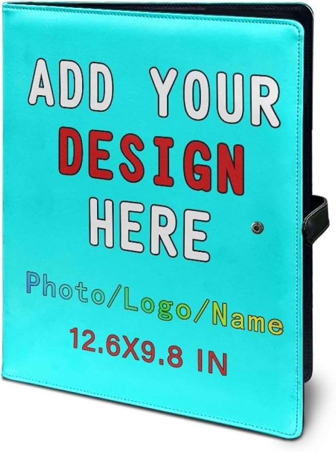 Professional Padfolio with Clipboard, Business Resume Portfolio Folder, Leather Notepad Portfolio Organizer with Logo Text Picture, Cyan