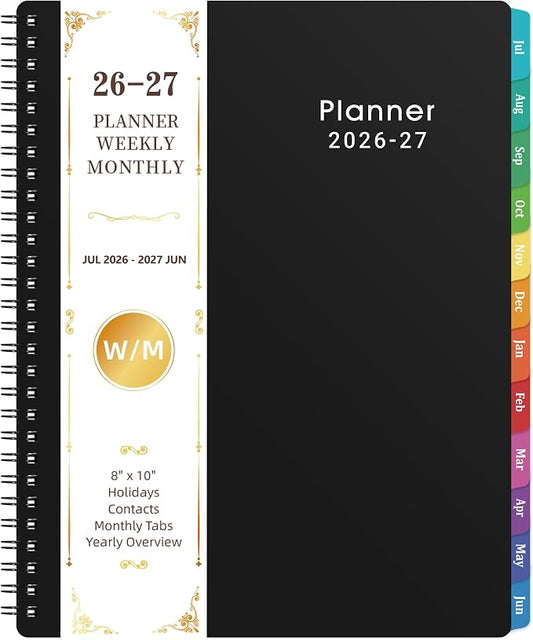 Planner 2026-2027 - 8'' x 10'', JUL 2026 to JUN 2027, 2026-2027 Calendar, Weekly and Monthly, with Monthly Tabs, Yearly Planner 2026-2027, Calendar Planner with Twin-wire Binding, Flexible Cover