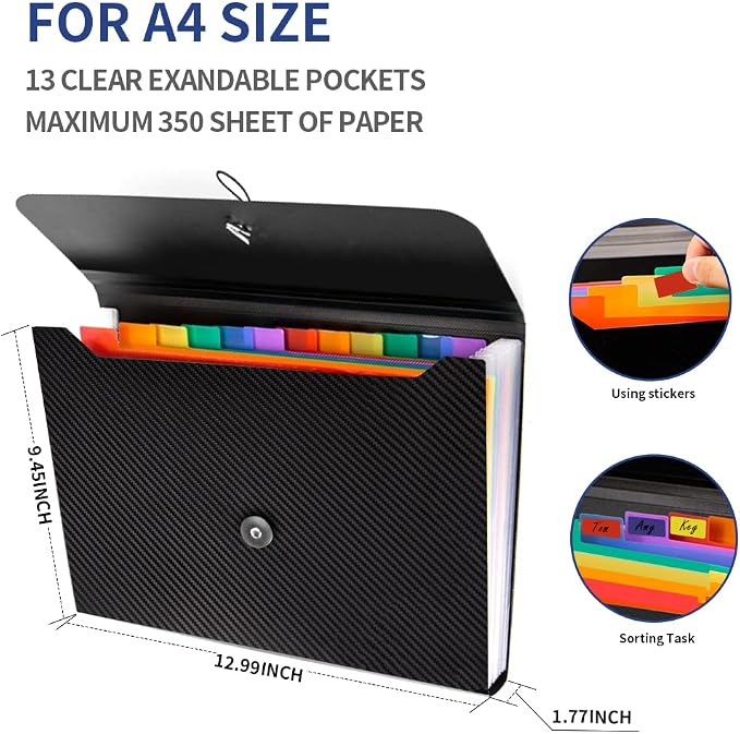 Expanding File Folder, 13 Pockets Accordion File Holder Organizer, A4 Letter Size Paper Document Receipt Organizer Accordian Filing Folder for Classroom, Home, Office and Travel