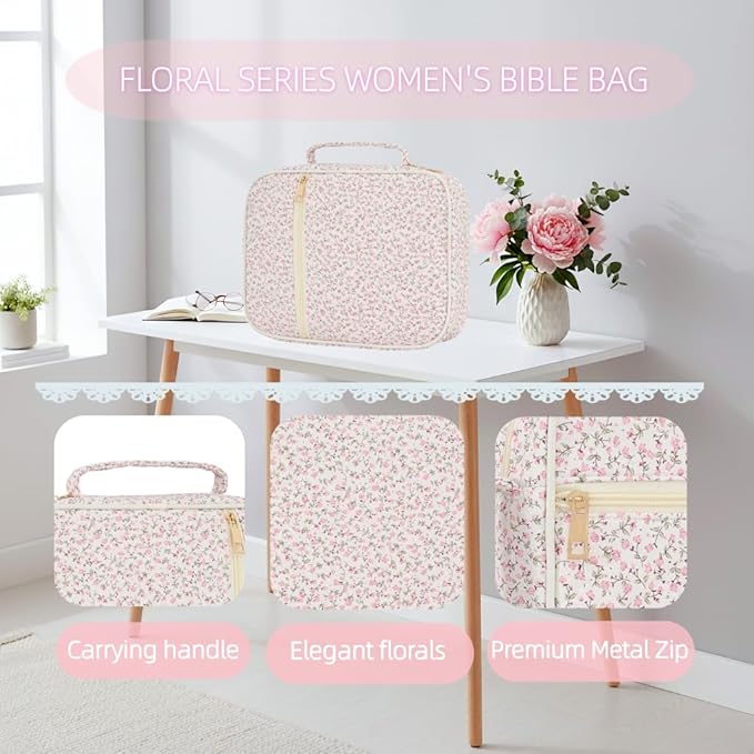 Bible Cover Case for Women Large Bible Cover Bag Bible Study Supplies Accessories Handle Quilted Bible Carrying Case for Girls Christian Gifts for Women