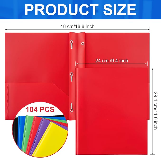 Cholemy 104 Packs Pocket Folders with Prongs Heavy Duty Plastic Folder with Business Card Slot 3 Prong Fasteners for School Office (Stylish)