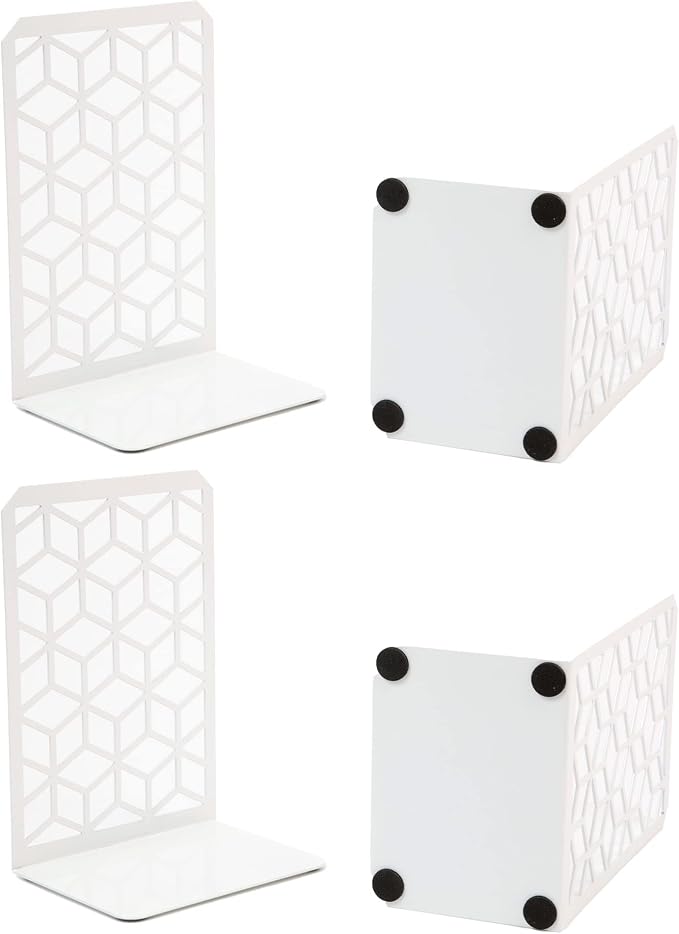 Geomod 3D Cube White Metal Bookends Decorative for Heavy Books - Sturdy Boho Book Stops - Minimal Book Shelf Stopper - Durable Office Bookends - Weighted Metal Book Holders - 7x4.75 Inches - 2 Pair
