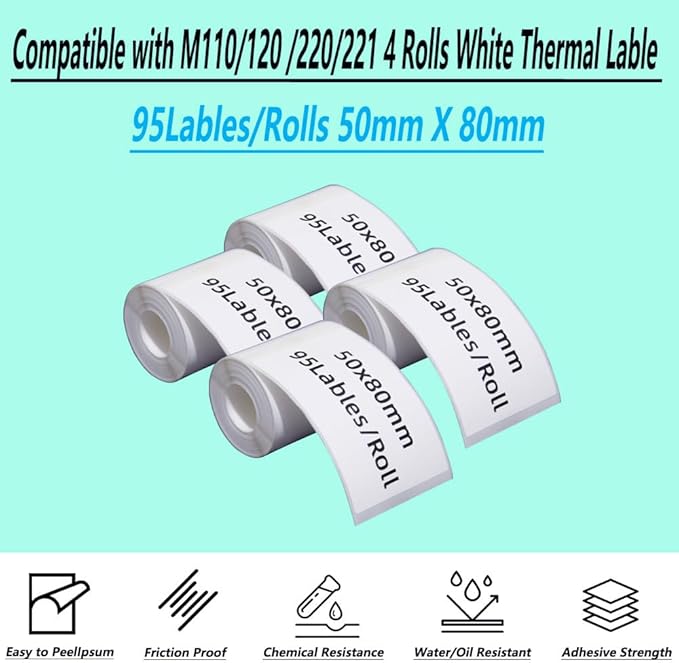 Thermal Stickers M110/120/220/221 Label Printer 4 Rolls White 50mm x 80mm Adhesive Labels for School Home (4, 50mmx80mm)