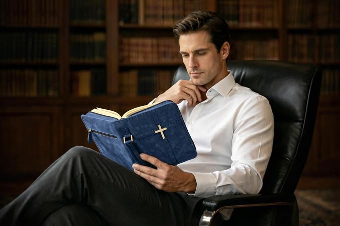 Vegan Leather Bible Cover for Men & Women, Bible Case with Gift Box, Christian Catholic Religious Bible Gifts (Indigo)
