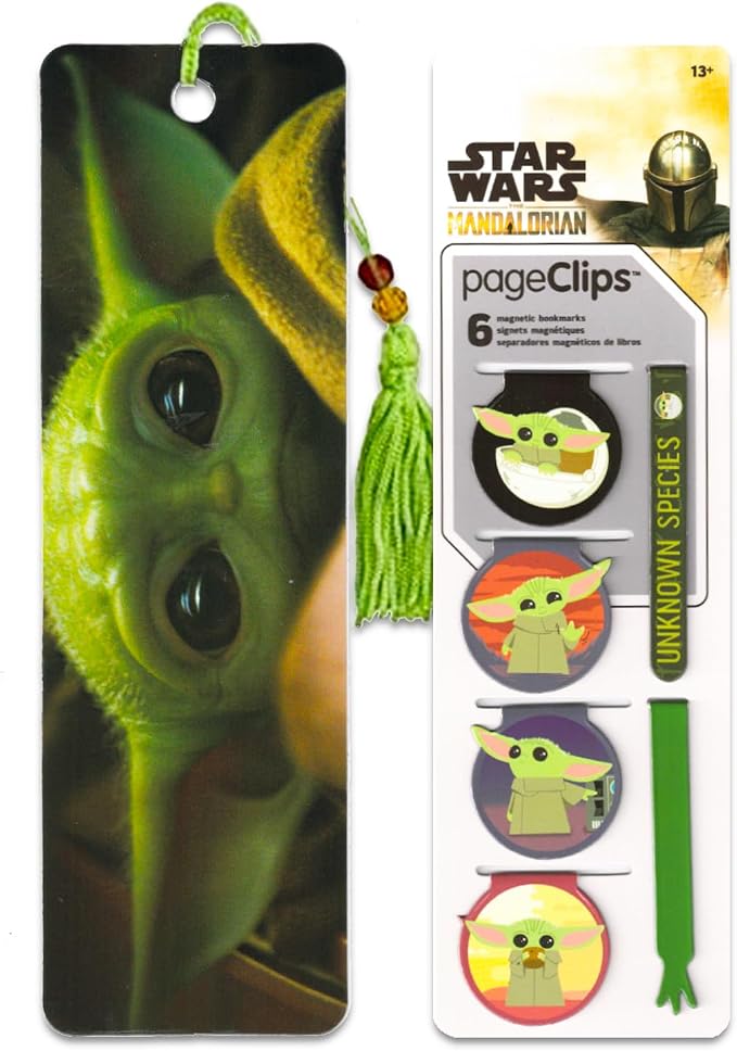 Star Wars Office and School Supplies - Mandalorian Bookmarks Bundle of 6 Pc Baby Yoda Page Clips and 1 Bookmark | Star Wars Office Accessories - Styles May Vary