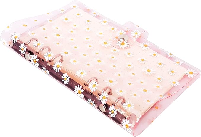 A6 A5 6-Holes Colorful PVC Cover Personal Organizer with Snap Button Closure File Folder for Loose Leaf Sheet Protectors Notebook Refill (Little Pink Daisy, A6 mini Set)