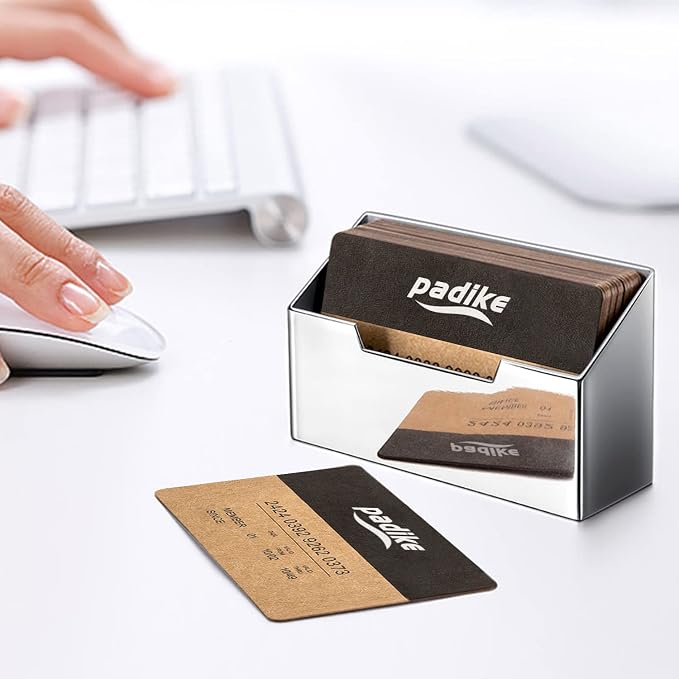Padike Stainless Steel Business Card Holder - Brushed Metal Desk Organizer for Office & Home, Modern Business Card Stand Display (Holds 50 Cards) - Minimalist & Durable