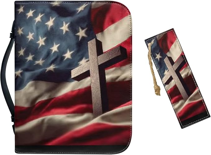 Small Bible Cover Case for Women Men American Flag and Cross PU Leather Bible Case with Bookmark Church Bag Book Carrying Case Bible Cover for Women Men Bible Case for Men Women