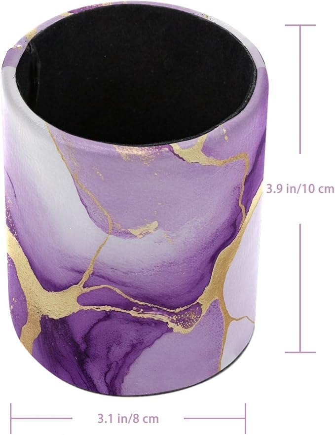 Leather Pen Holder for Desk, Purple Marble Makeup Brushes Holder Pencil Cup Multifunctional Desktop Organizer Caddy for Home School Office Desk Accessories