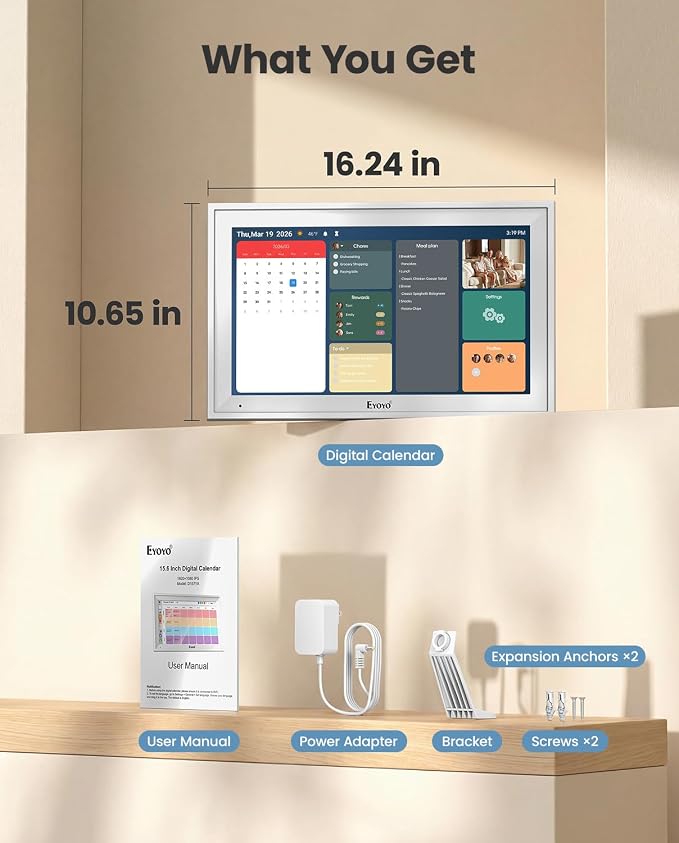 15.6" Digital Calendar Wall Planner - Eyoyo Smart Family Command Center & Chore Chart Touchscreen, WiFi Real-Time Sync Auto-Dimming Display for Kids Routine, Seniors Memory & Office Organization